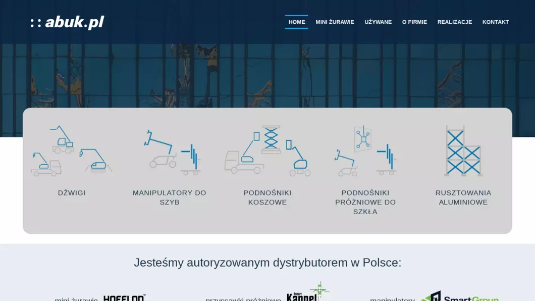 Zrzut ekranu strony Mini dźwigi, żurawie do wynajęcia Warszawa - Abuk