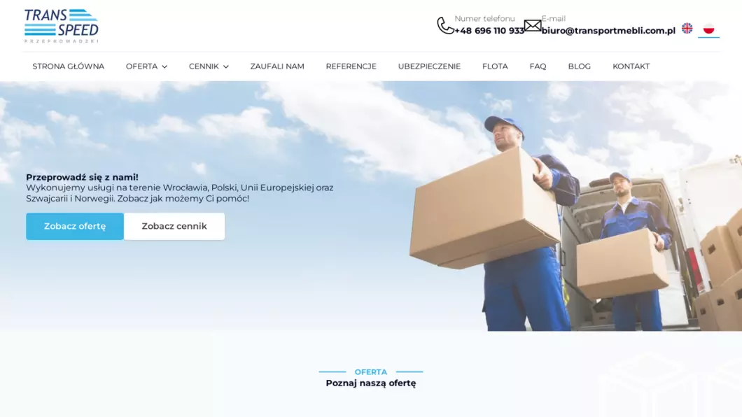 Zrzut ekranu strony Firma przeprowadzkowa Wrocław - usługi transportowe TransSpeed