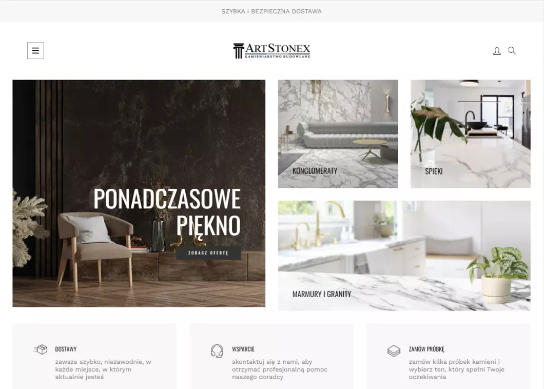 Zrzut ekranu strony Kamień naturalny - Artstonex